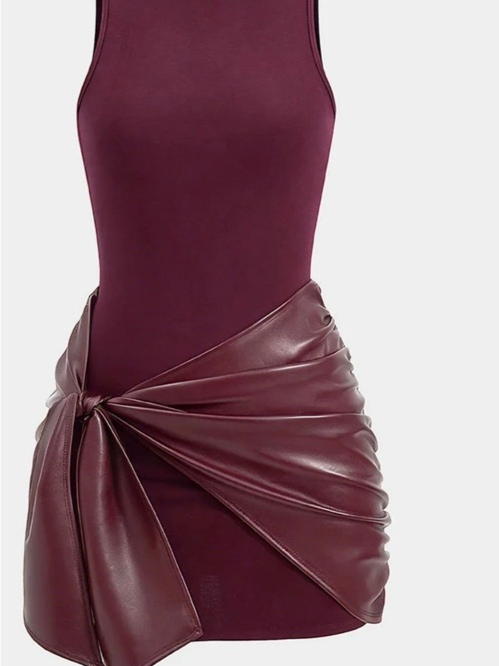 Women's Sleeveless Bodycon Dress with Faux Leather Wrap - Burgundy